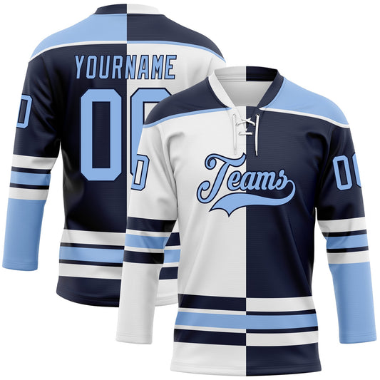 Custom Navy Light Blue-White Split Fashion Hockey Lace Neck Jersey - Main View