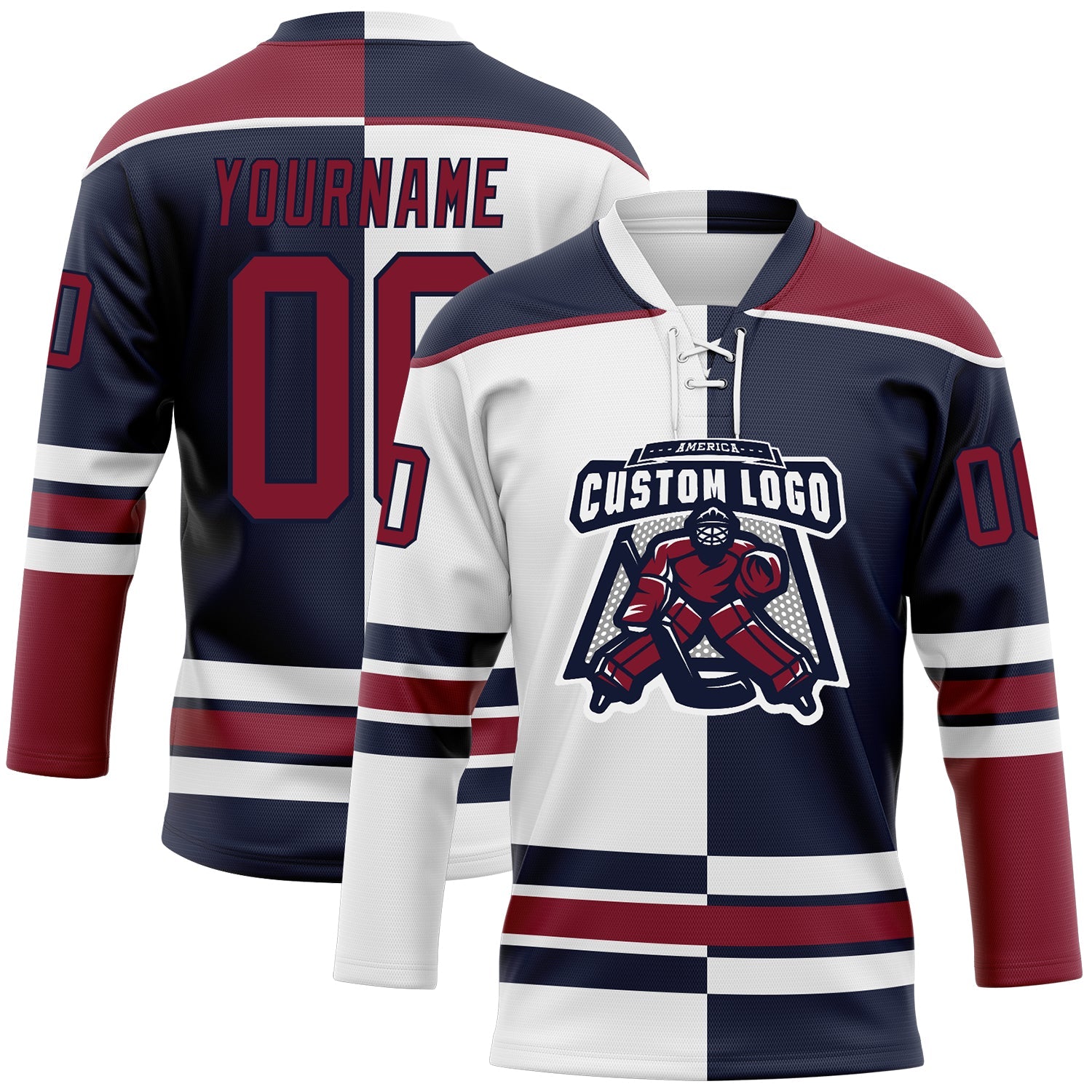 Custom Navy Crimson-White Split Fashion Hockey Lace Neck Jersey view 2