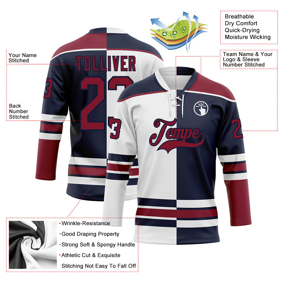 Custom Navy Crimson-White Split Fashion Hockey Lace Neck Jersey view 3