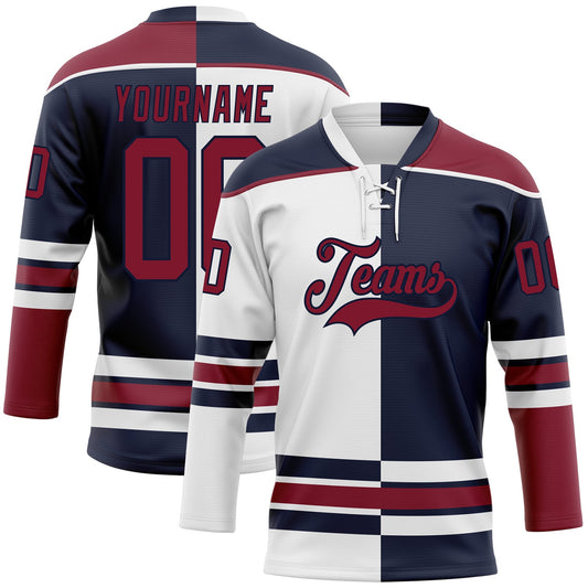 Custom Navy Crimson-White Split Fashion Hockey Lace Neck Jersey - Main View