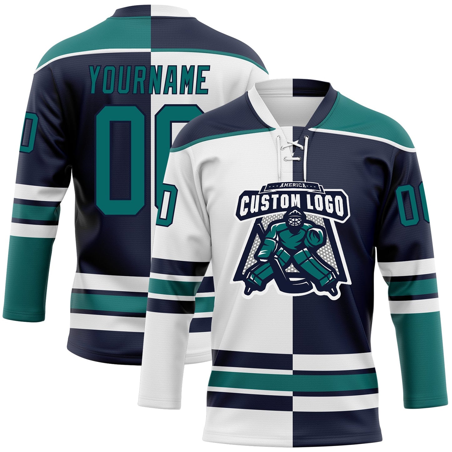 Custom Navy Teal-White Split Fashion Hockey Lace Neck Jersey view 2