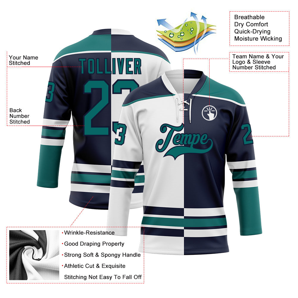 Custom Navy Teal-White Split Fashion Hockey Lace Neck Jersey view 3