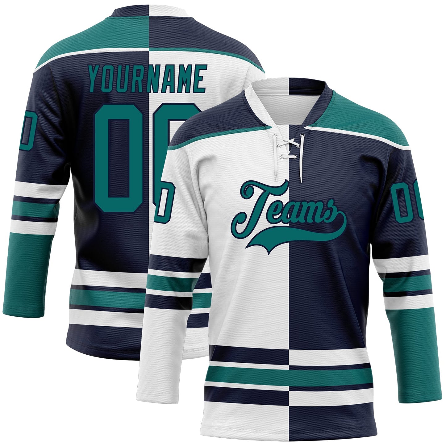Custom Navy Teal-White Split Fashion Hockey Lace Neck Jersey - Main View