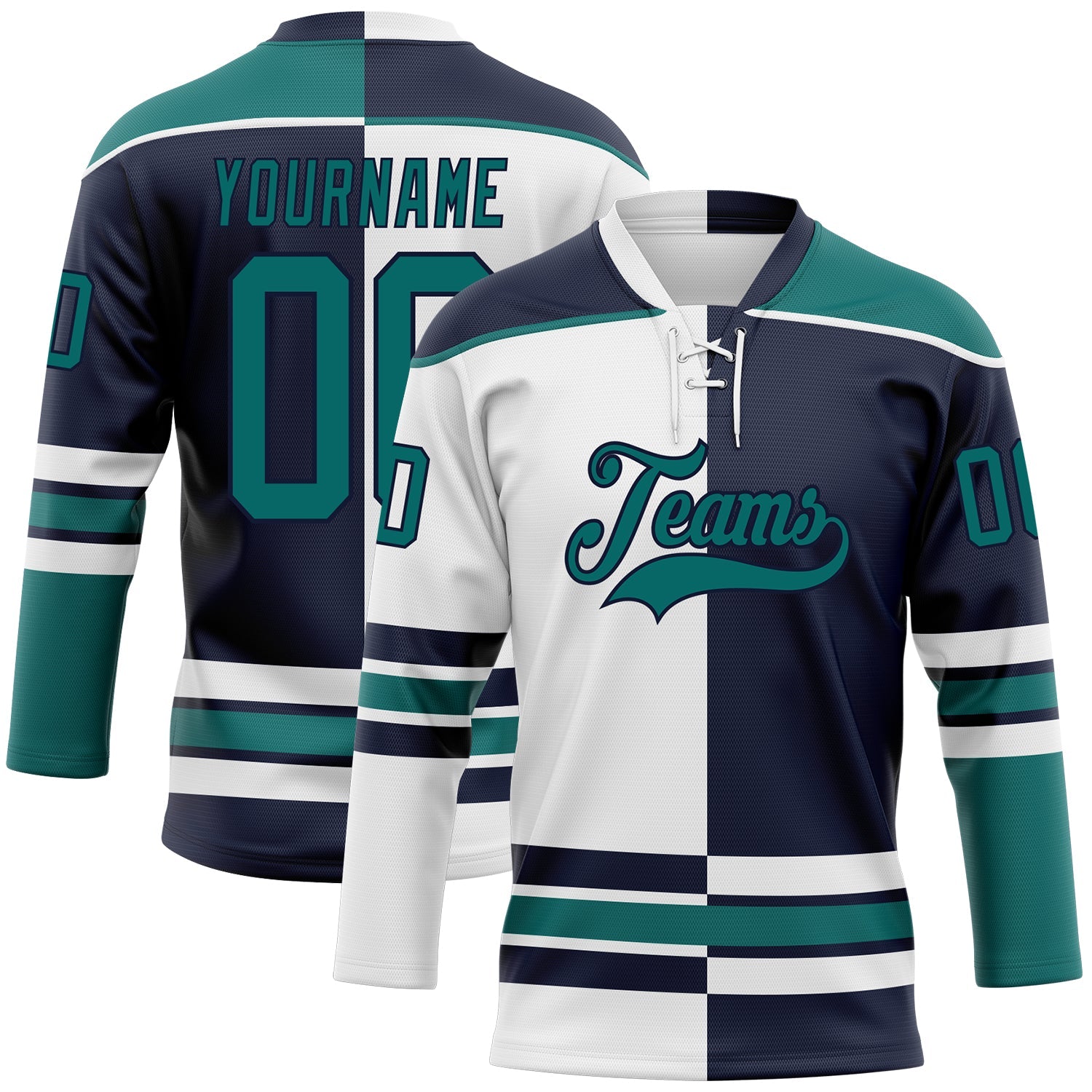 Custom Navy Teal-White Split Fashion Hockey Lace Neck Jersey - Main View