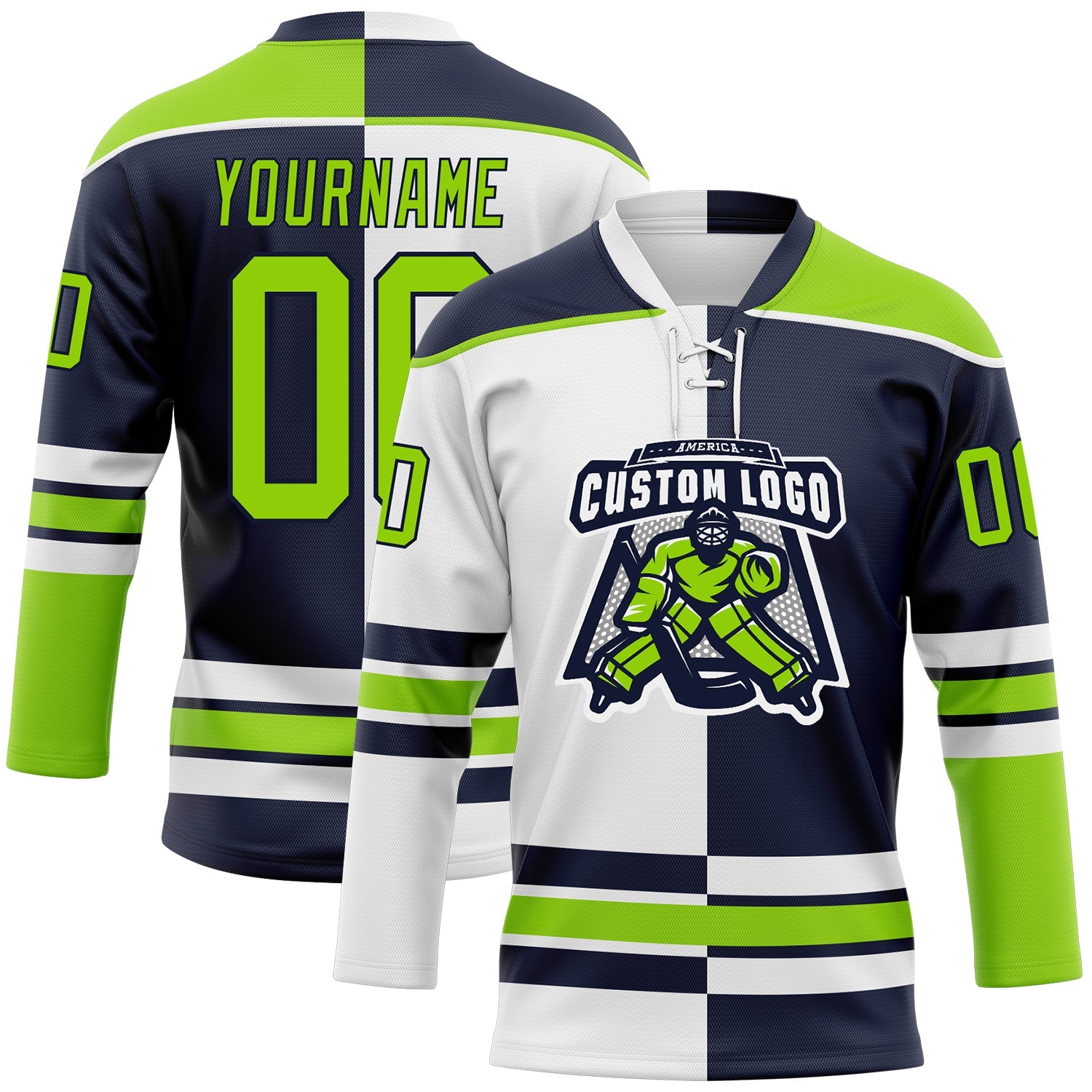 Custom Navy Neon Green-White Split Fashion Hockey Lace Neck Jersey view 2