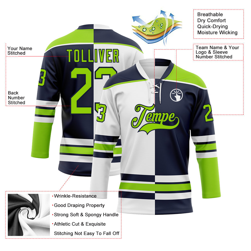 Custom Navy Neon Green-White Split Fashion Hockey Lace Neck Jersey view 3