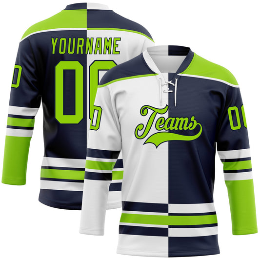 Custom Navy Neon Green-White Split Fashion Hockey Lace Neck Jersey - Main View