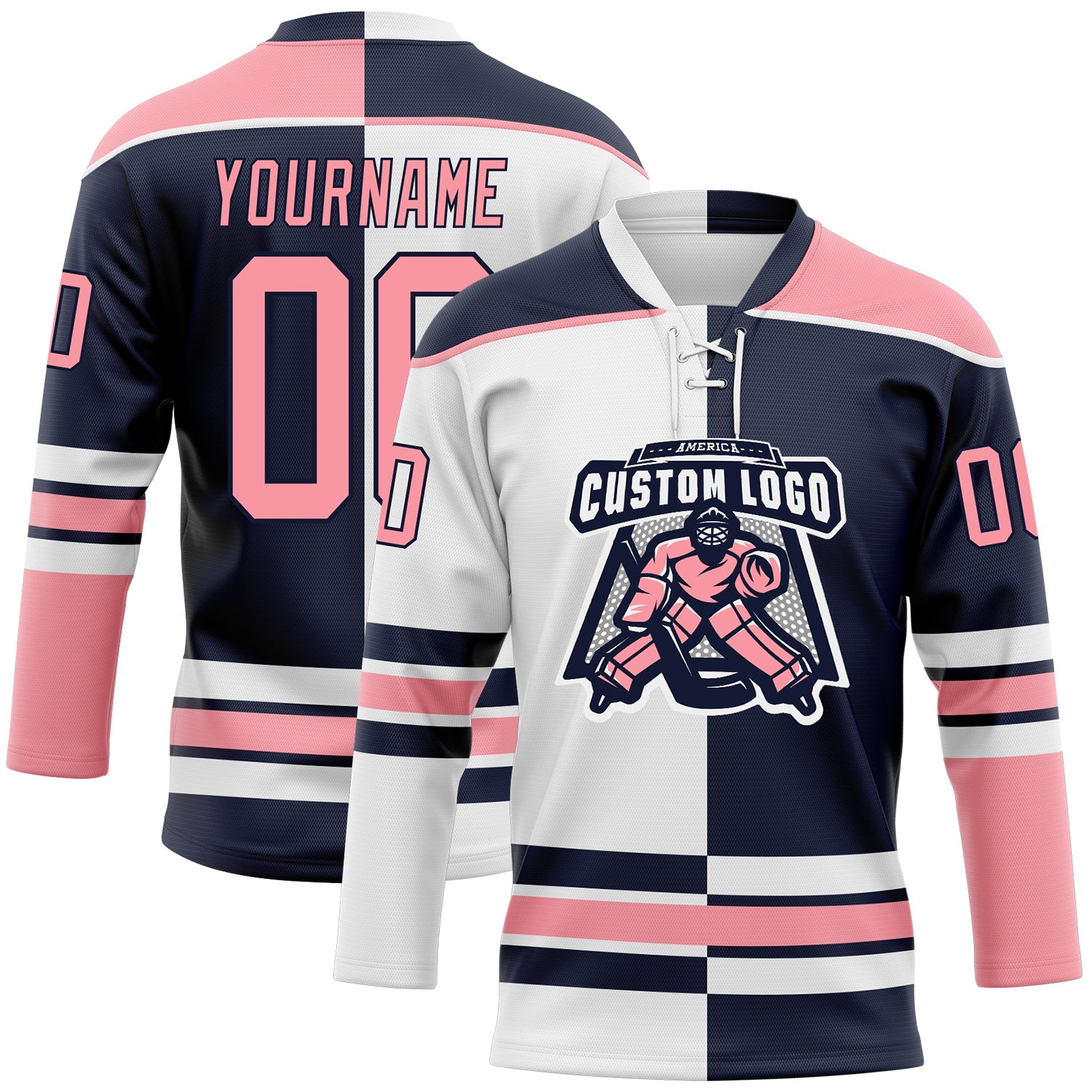 Custom Navy Medium Pink-White Split Fashion Hockey Lace Neck Jersey view 2