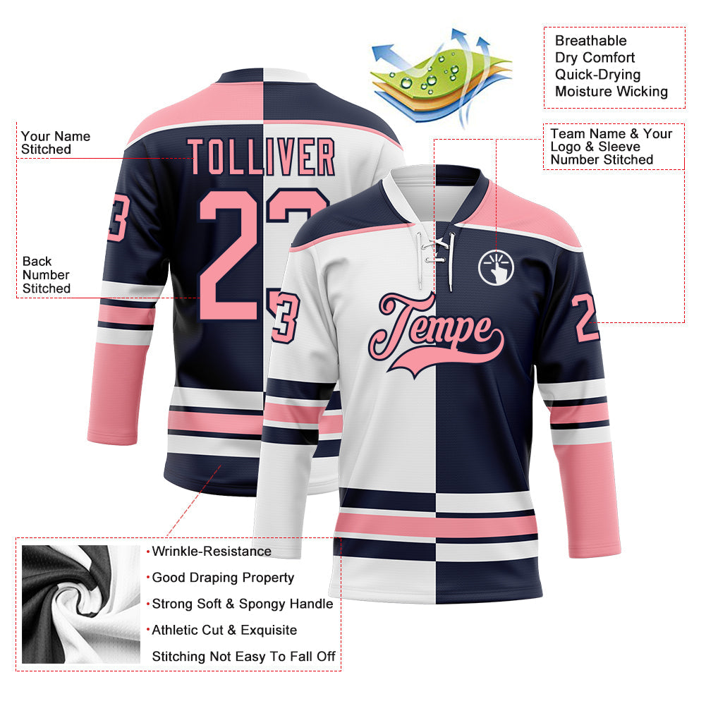 Custom Navy Medium Pink-White Split Fashion Hockey Lace Neck Jersey view 3