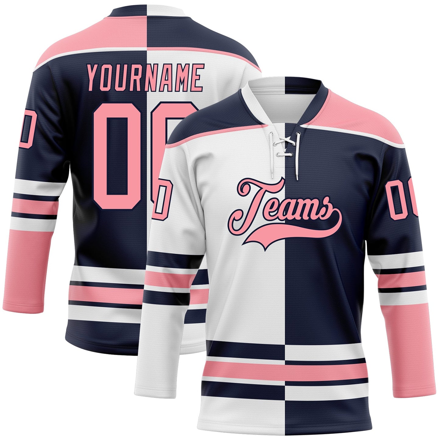 Custom Navy Medium Pink-White Split Fashion Hockey Lace Neck Jersey - Main View