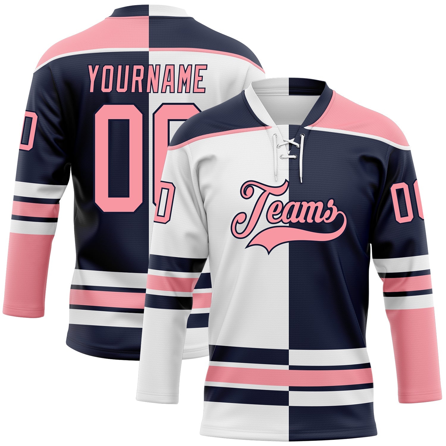 Custom Navy Medium Pink-White Split Fashion Hockey Lace Neck Jersey - Main View