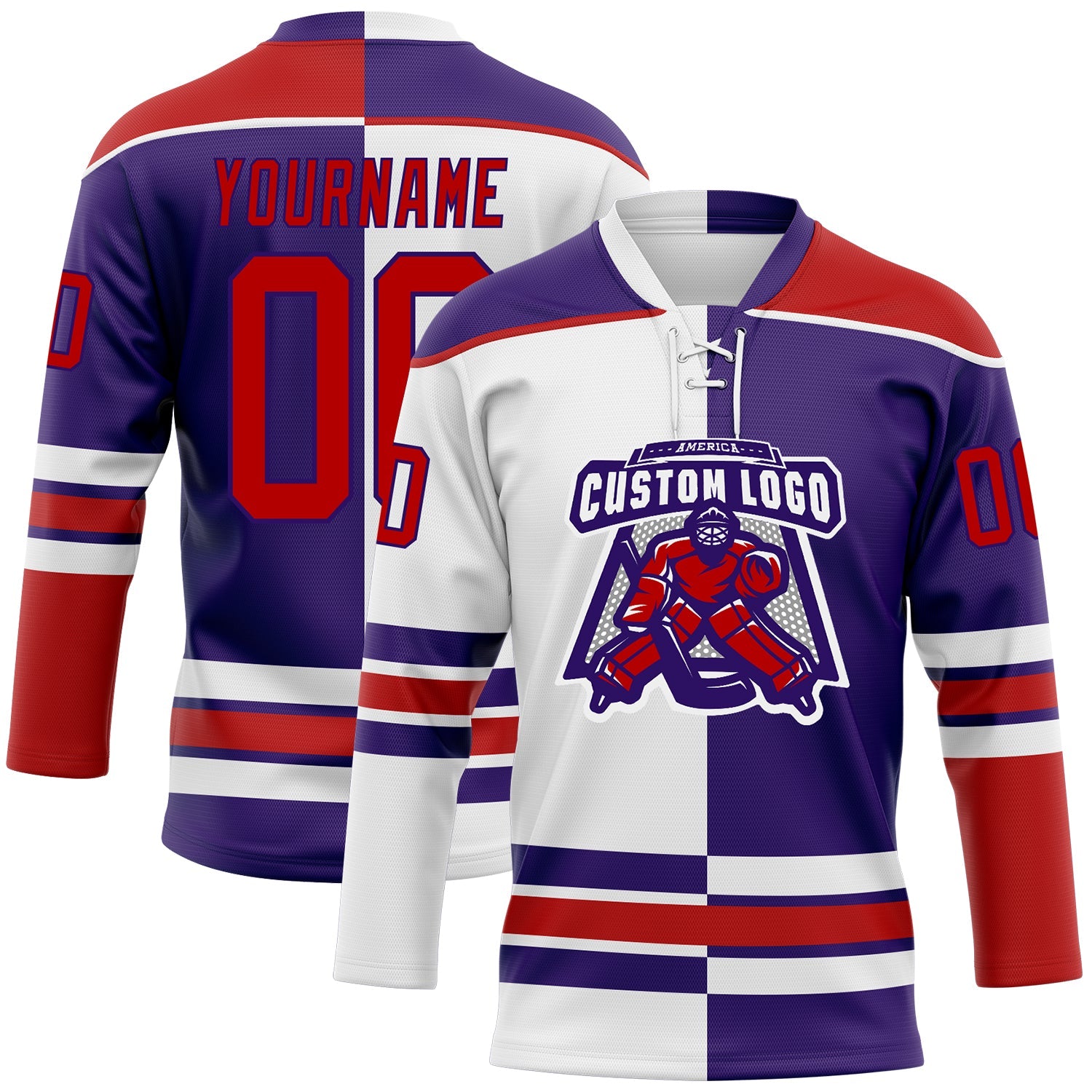 Custom Purple Red-White Split Fashion Hockey Lace Neck Jersey view 2