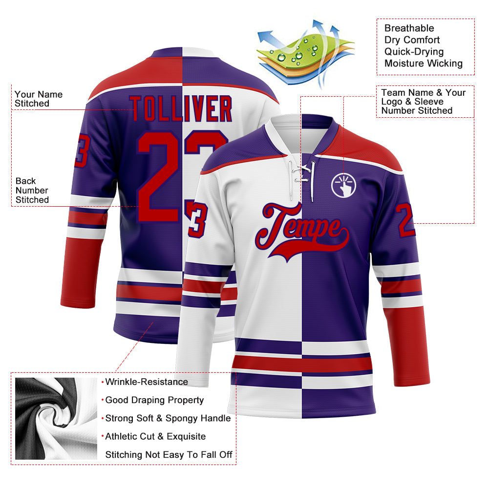 Custom Purple Red-White Split Fashion Hockey Lace Neck Jersey view 3