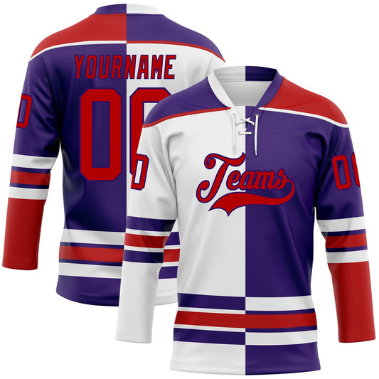 Custom Purple Red-White Split Fashion Hockey Lace Neck Jersey - Main View