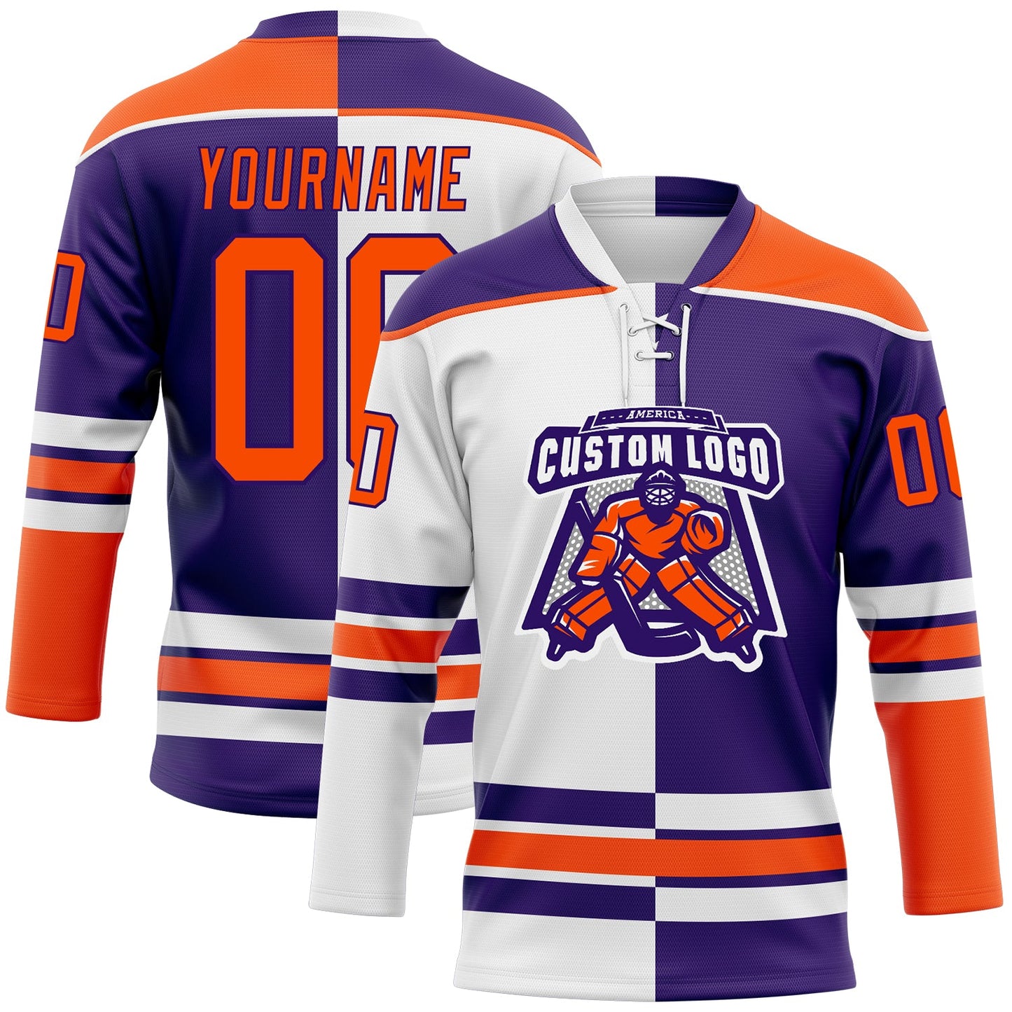 Custom Purple Orange-White Split Fashion Hockey Lace Neck Jersey view 2
