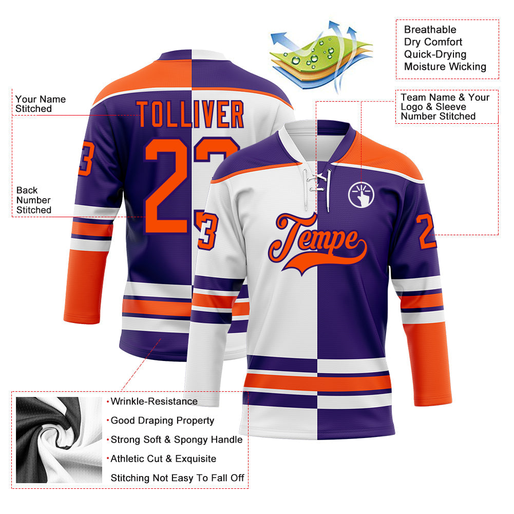 Custom Purple Orange-White Split Fashion Hockey Lace Neck Jersey view 3