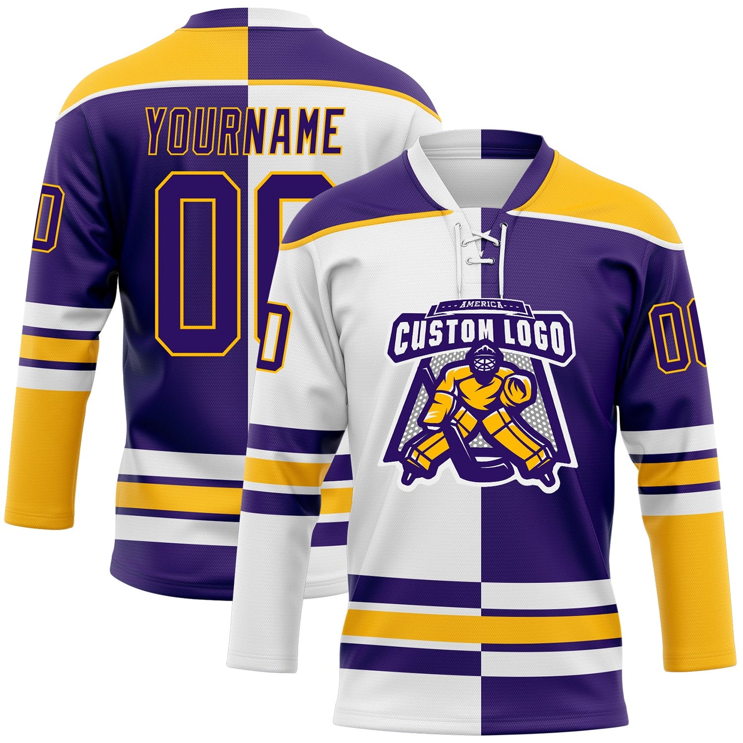 Custom Purple Gold-White Split Fashion Hockey Lace Neck Jersey view 2