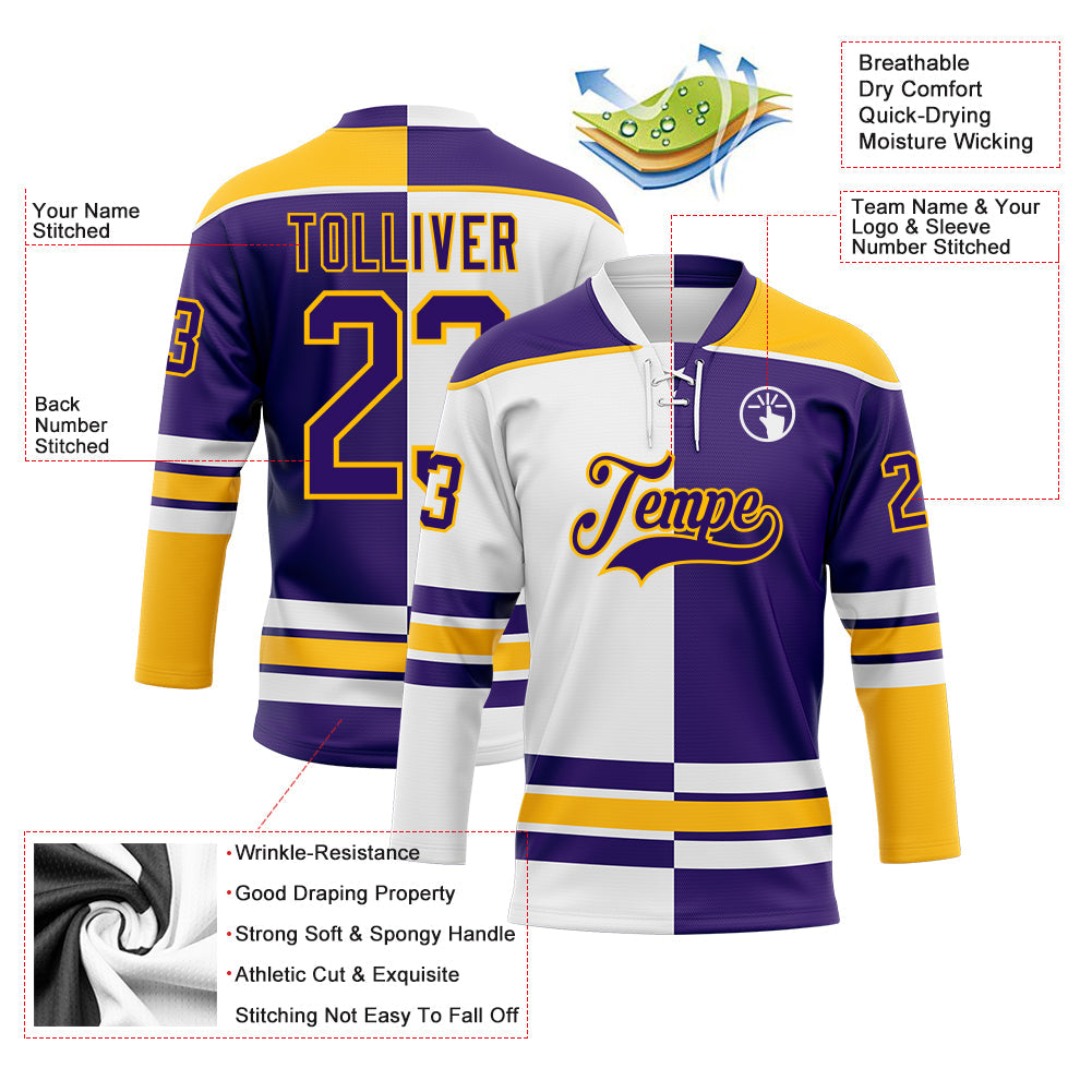 Custom Purple Gold-White Split Fashion Hockey Lace Neck Jersey view 3