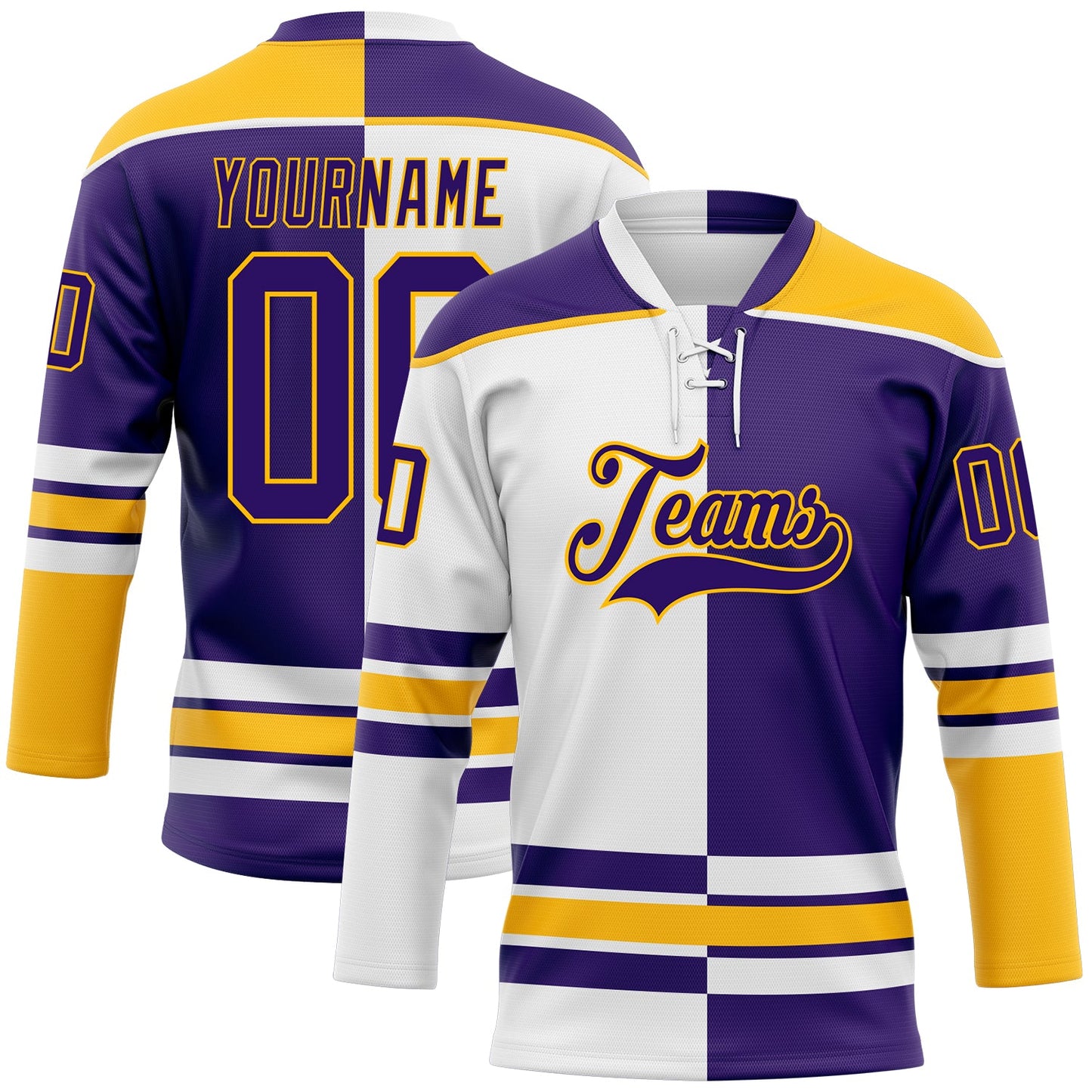 Custom Purple Gold-White Split Fashion Hockey Lace Neck Jersey - Main View