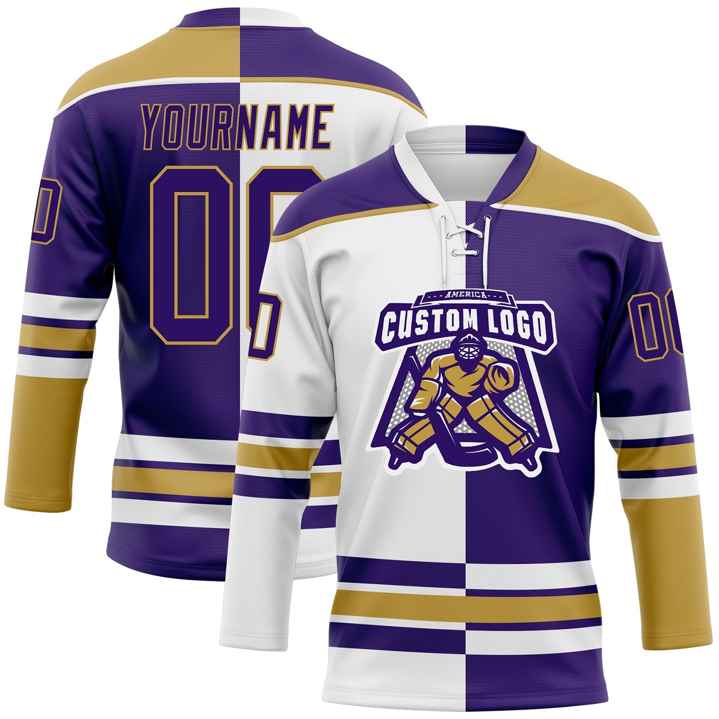 Custom Purple Old Gold-White Split Fashion Hockey Lace Neck Jersey view 2
