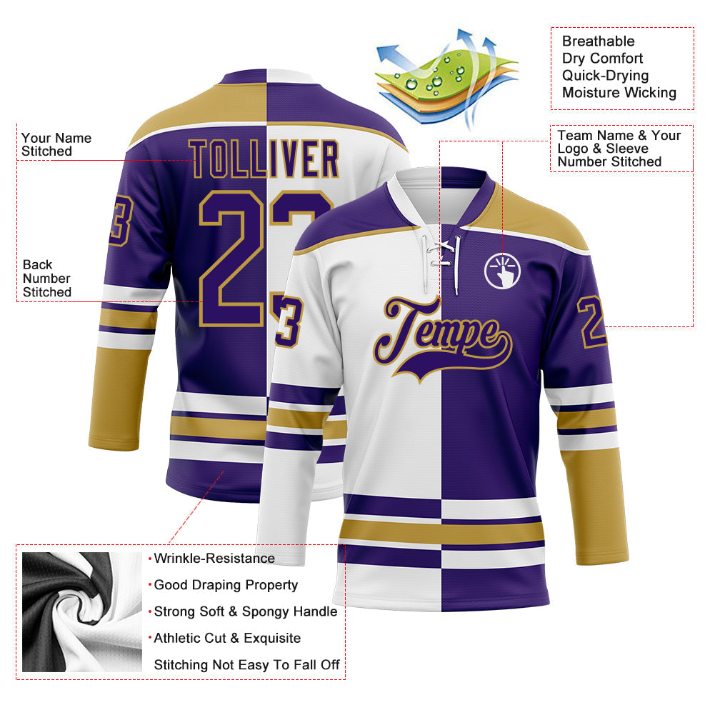 Custom Purple Old Gold-White Split Fashion Hockey Lace Neck Jersey view 3