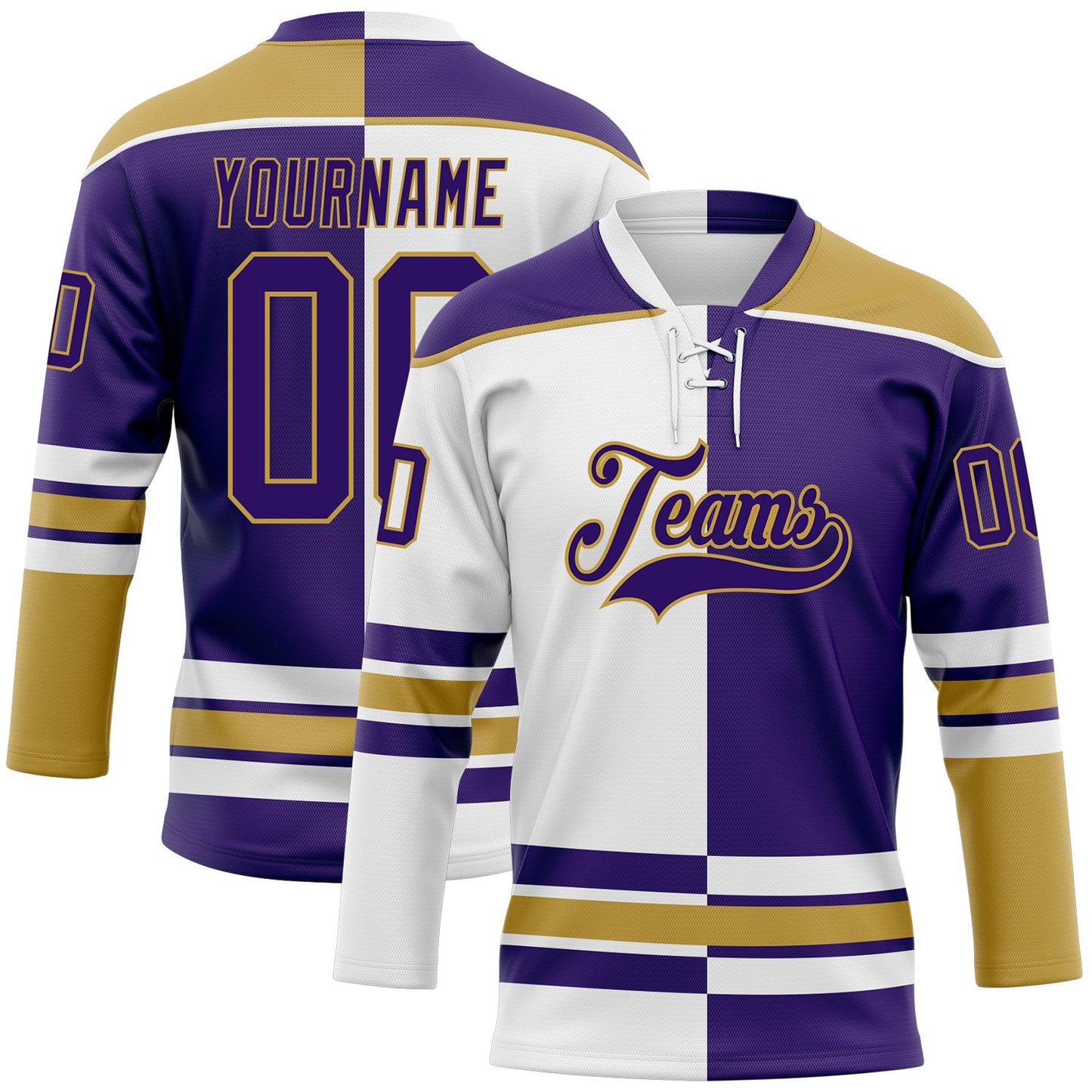 Custom Purple Old Gold-White Split Fashion Hockey Lace Neck Jersey - Main View