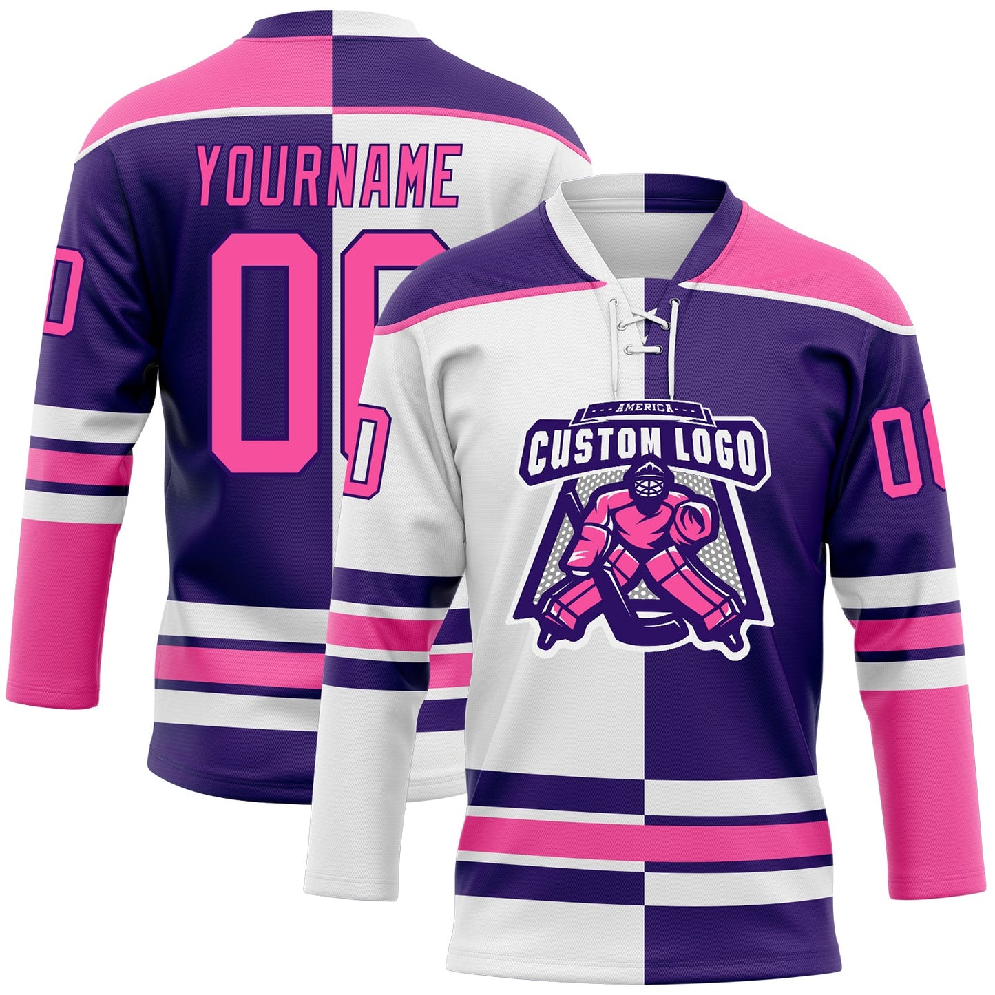 Custom Purple Pink-White Split Fashion Hockey Lace Neck Jersey view 2