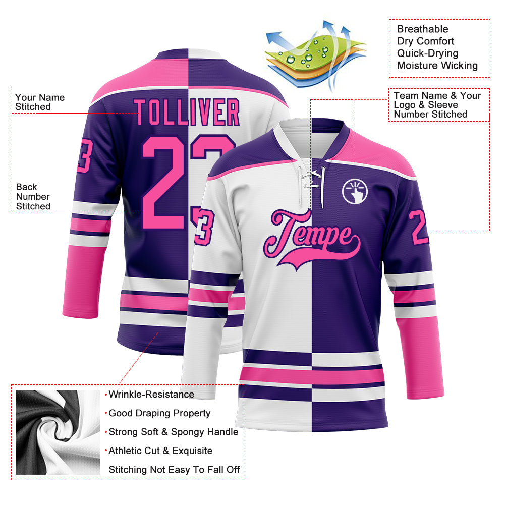 Custom Purple Pink-White Split Fashion Hockey Lace Neck Jersey view 3