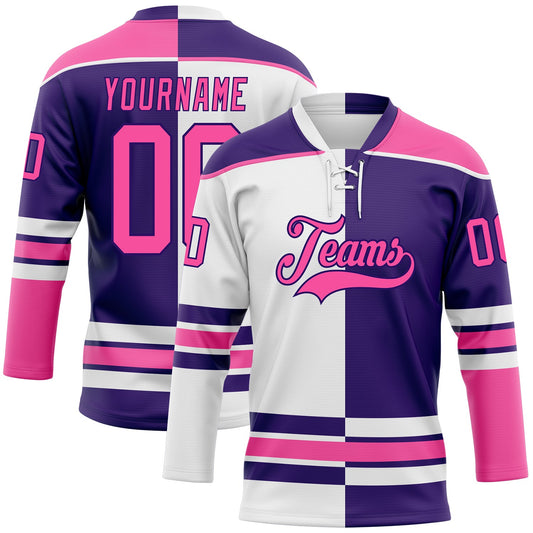 Custom Purple Pink-White Split Fashion Hockey Lace Neck Jersey - Main View