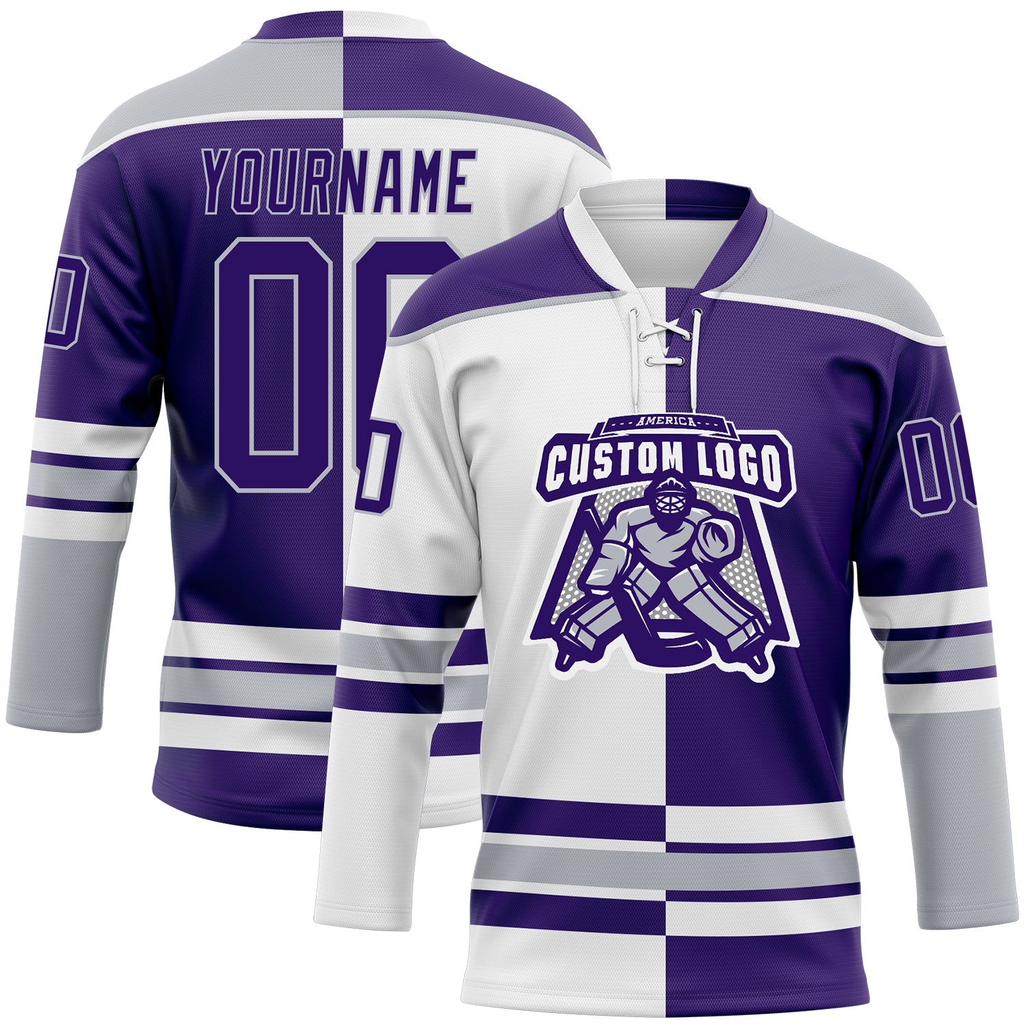 Custom Purple Gray-White Split Fashion Hockey Lace Neck Jersey view 2