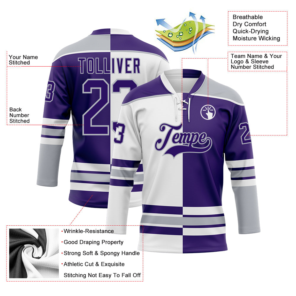 Custom Purple Gray-White Split Fashion Hockey Lace Neck Jersey view 3