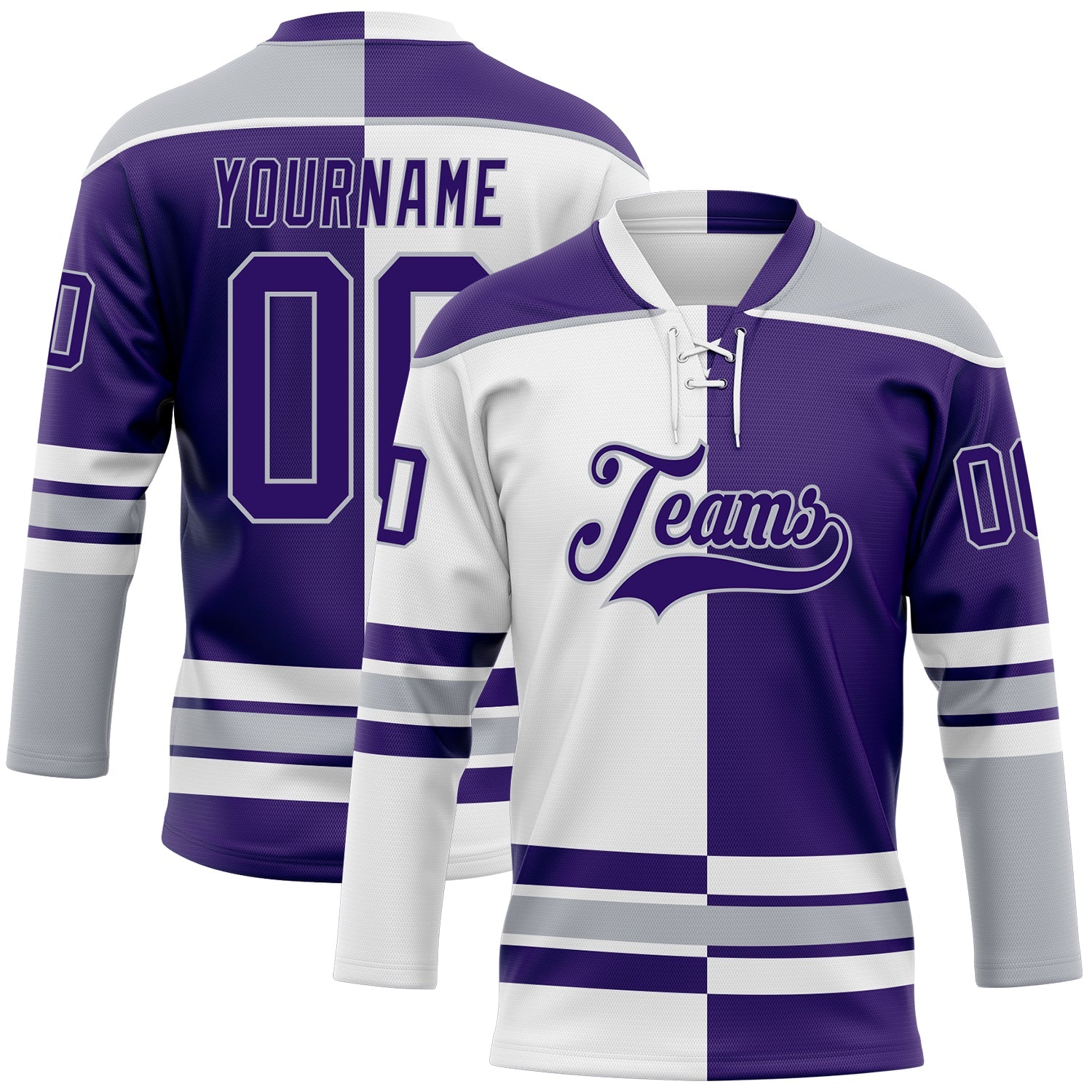 Custom Purple Gray-White Split Fashion Hockey Lace Neck Jersey - Main View