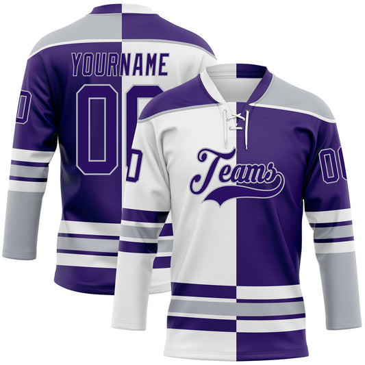 Custom Purple Gray-White Split Fashion Hockey Lace Neck Jersey - Main View