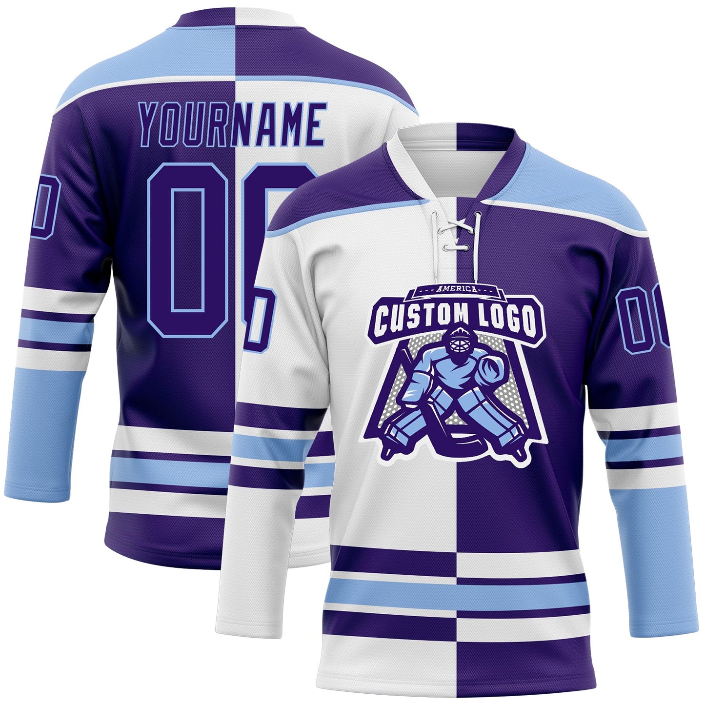 Custom Purple Light Blue-White Split Fashion Hockey Lace Neck Jersey view 2