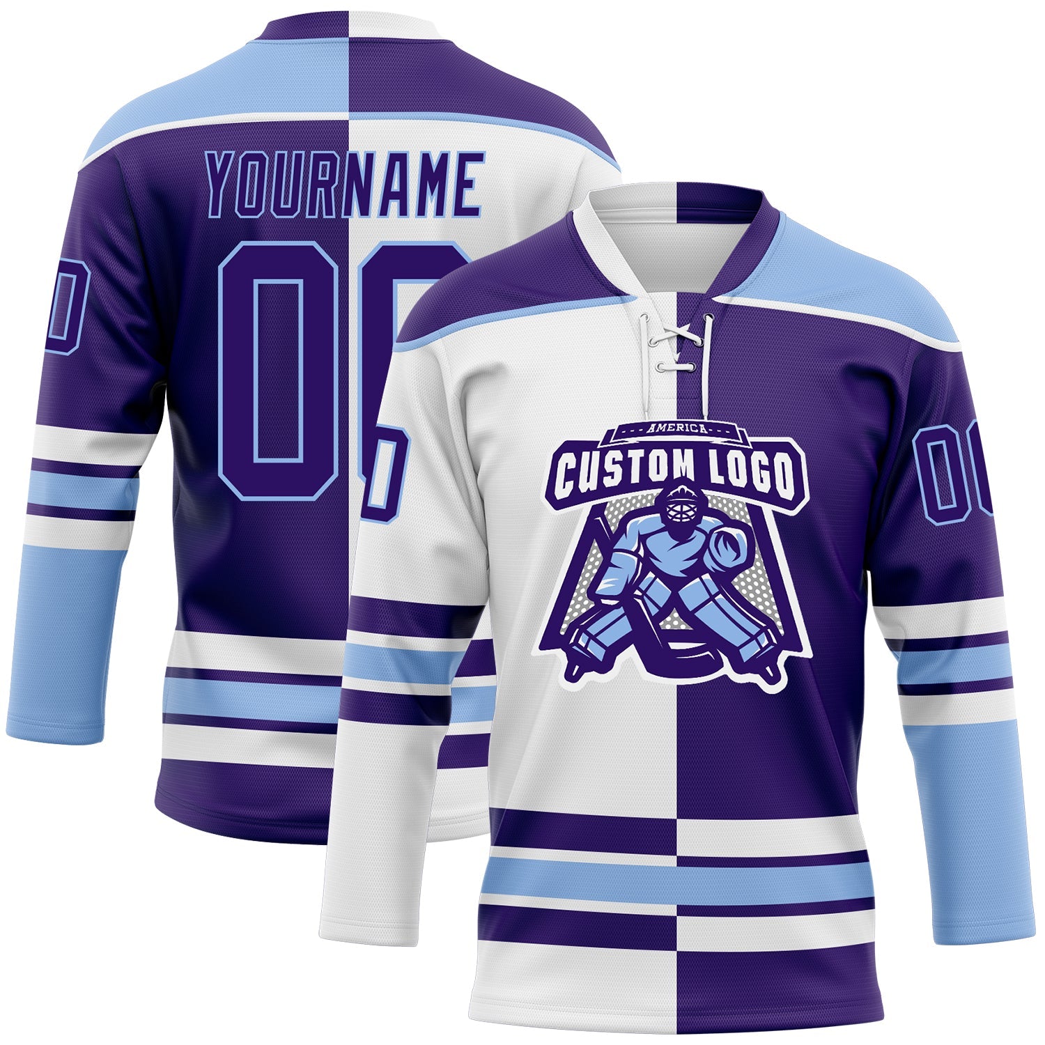 Custom Purple Light Blue-White Split Fashion Hockey Lace Neck Jersey view 2