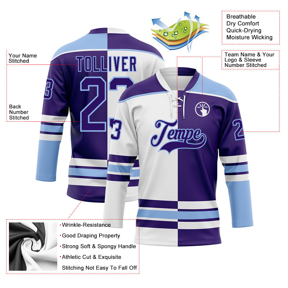 Custom Purple Light Blue-White Split Fashion Hockey Lace Neck Jersey view 3