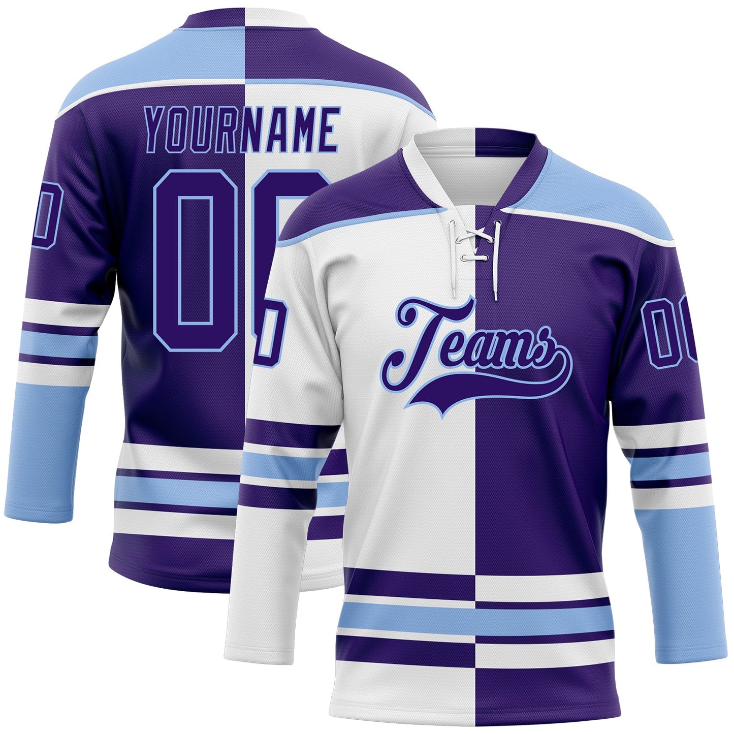 Custom Purple Light Blue-White Split Fashion Hockey Lace Neck Jersey - Main View