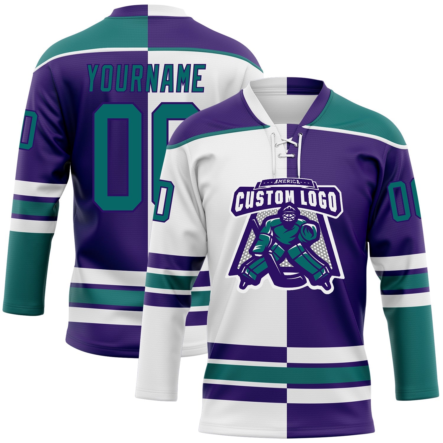 Custom Purple Teal-White Split Fashion Hockey Lace Neck Jersey view 2