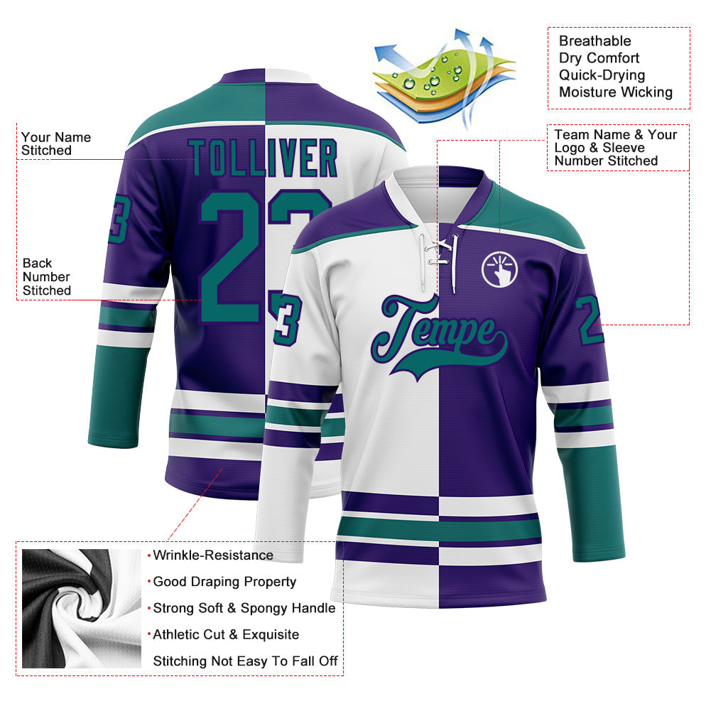 Custom Purple Teal-White Split Fashion Hockey Lace Neck Jersey view 3