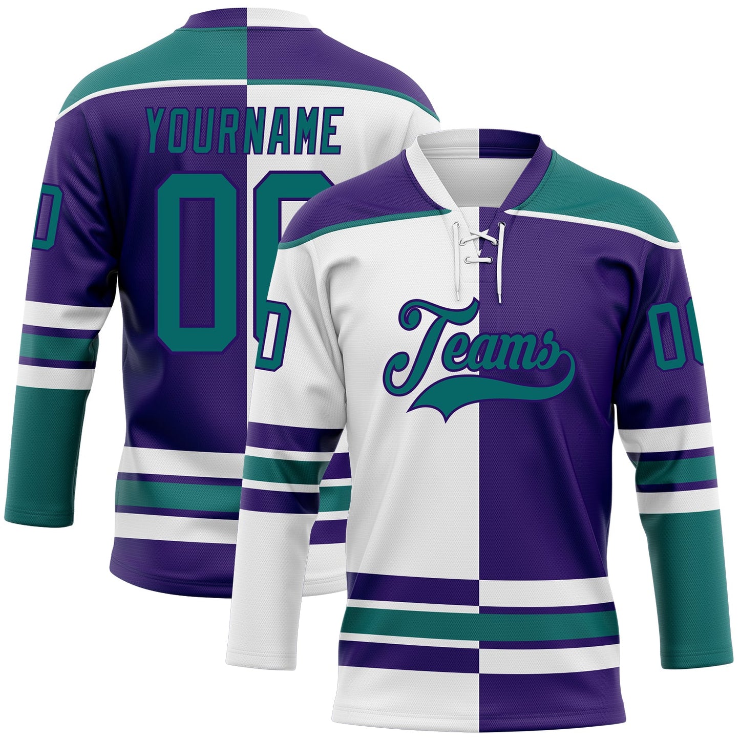 Custom Purple Teal-White Split Fashion Hockey Lace Neck Jersey - Main View