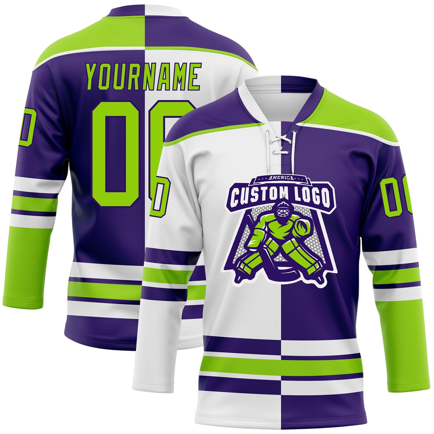 Custom Purple Neon Green-White Split Fashion Hockey Lace Neck Jersey view 2