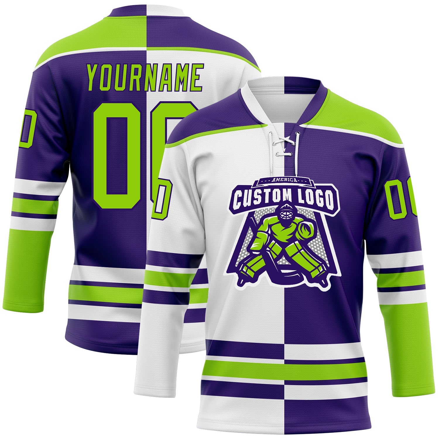 Custom Purple Neon Green-White Split Fashion Hockey Lace Neck Jersey view 2
