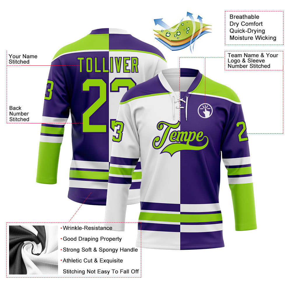 Custom Purple Neon Green-White Split Fashion Hockey Lace Neck Jersey view 3