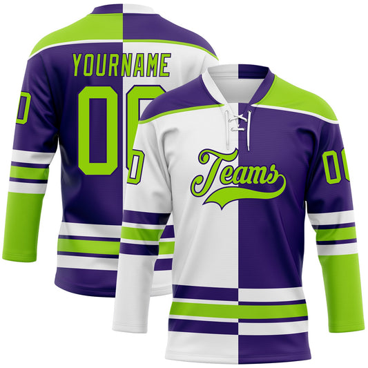 Custom Purple Neon Green-White Split Fashion Hockey Lace Neck Jersey - Main View