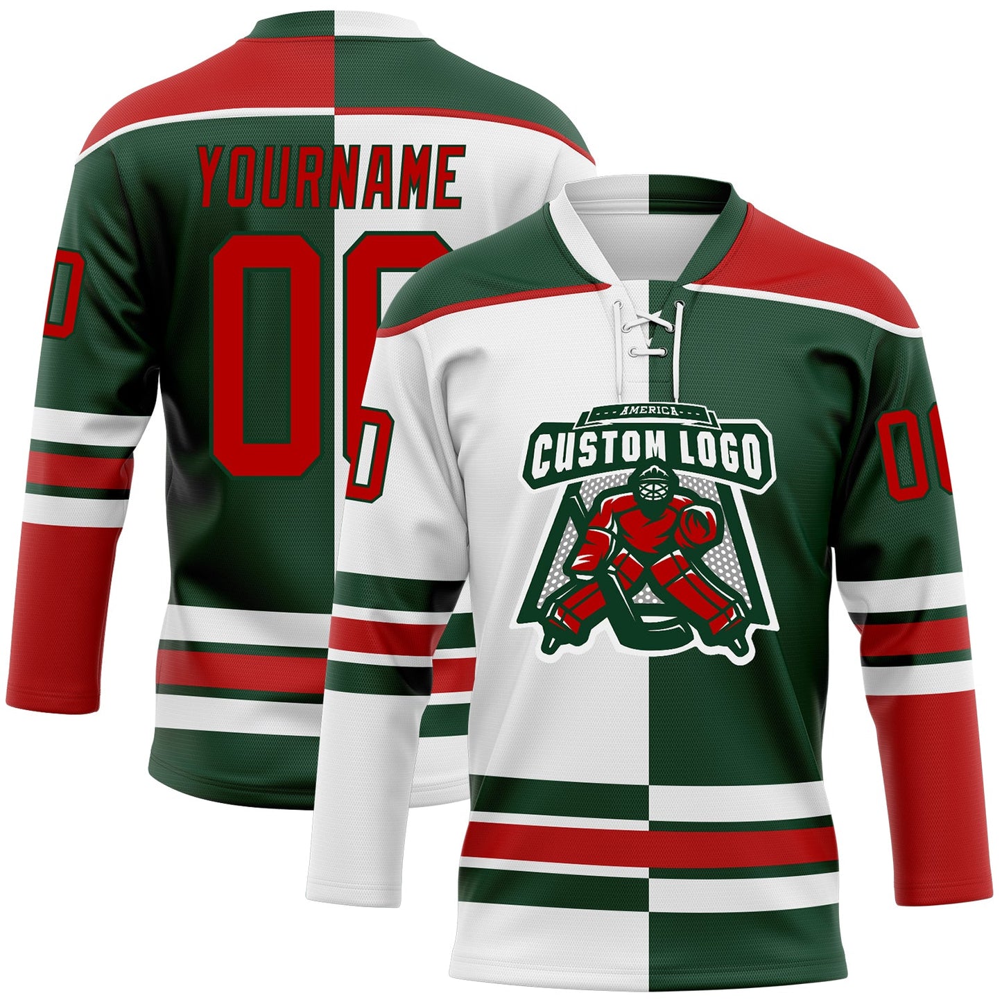 Custom Green Red-White Split Fashion Hockey Lace Neck Jersey view 2