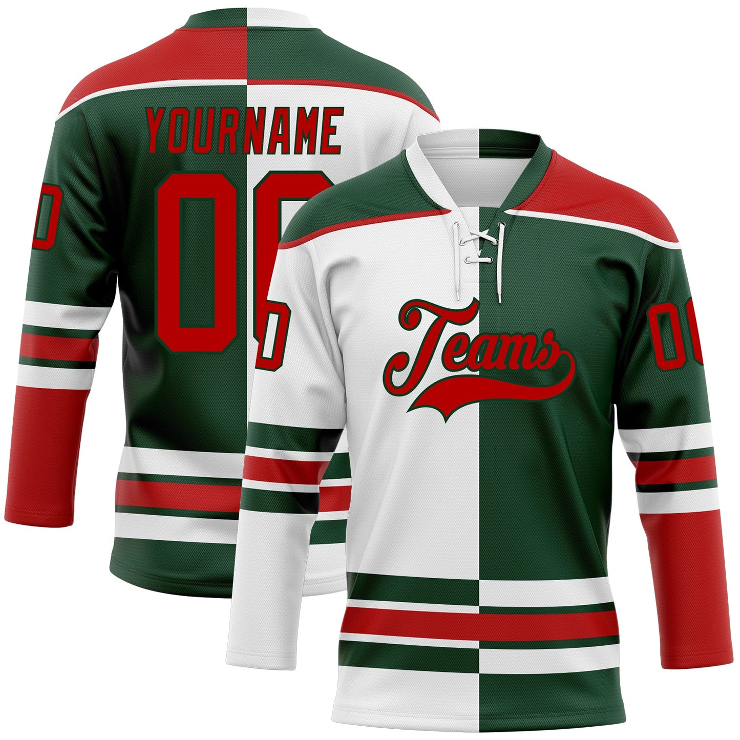 Custom Green Red-White Split Fashion Hockey Lace Neck Jersey - Main View