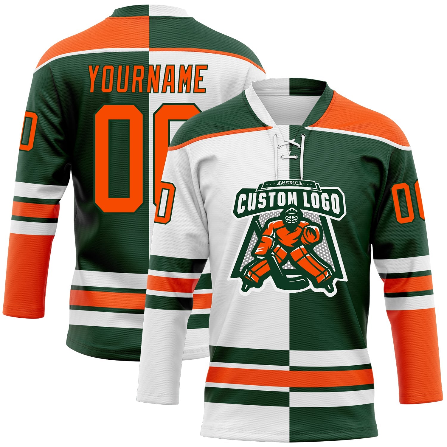 Custom Green Orange-White Split Fashion Hockey Lace Neck Jersey view 2