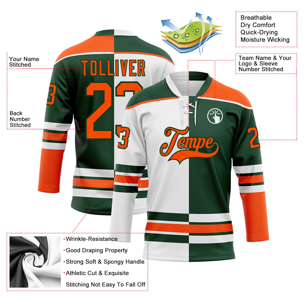 Custom Green Orange-White Split Fashion Hockey Lace Neck Jersey view 3