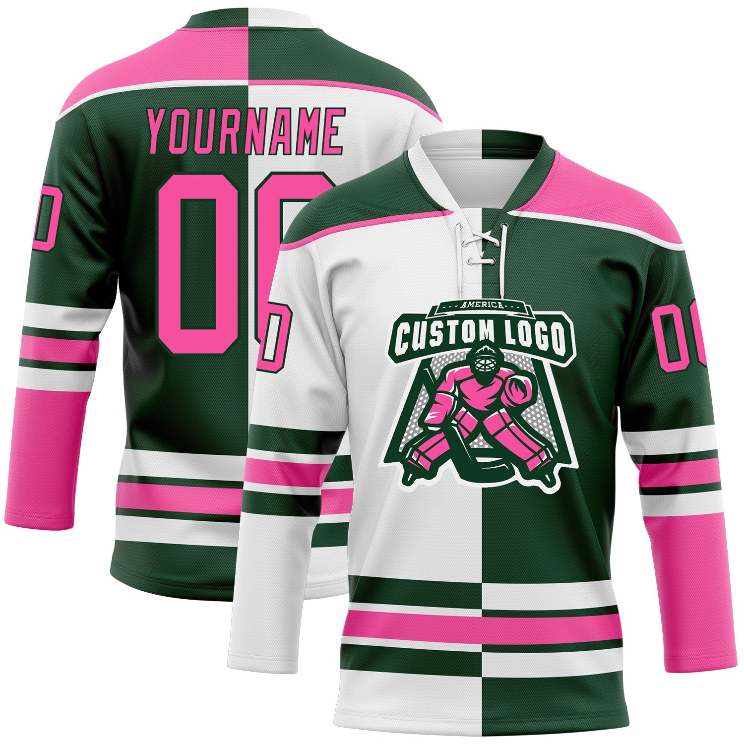 Custom Green Pink-White Split Fashion Hockey Lace Neck Jersey view 2