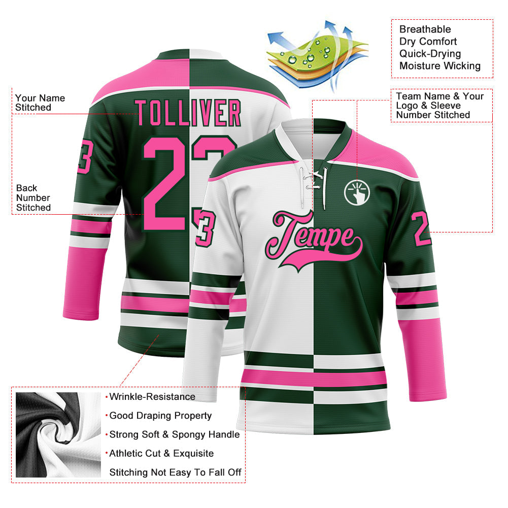 Custom Green Pink-White Split Fashion Hockey Lace Neck Jersey view 3